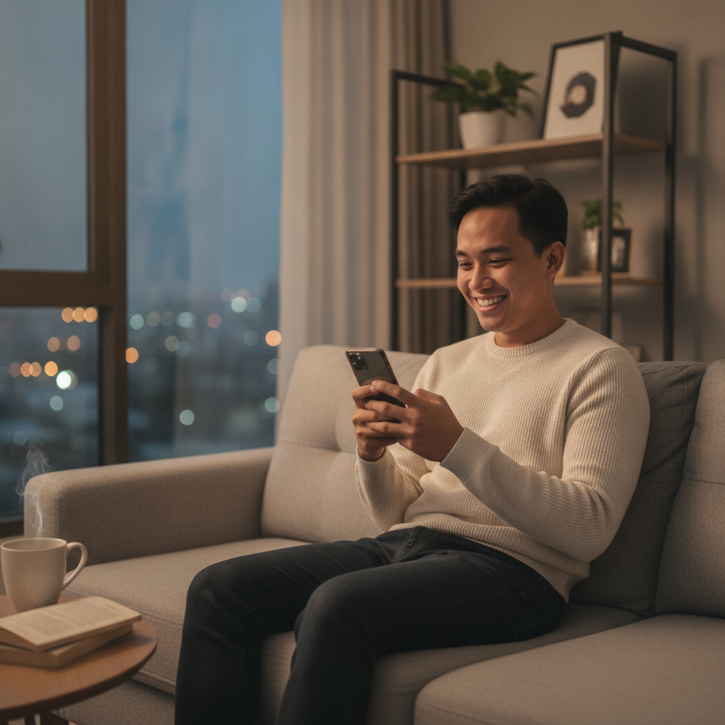 Filipino player using smartphone to browse online casino options at home